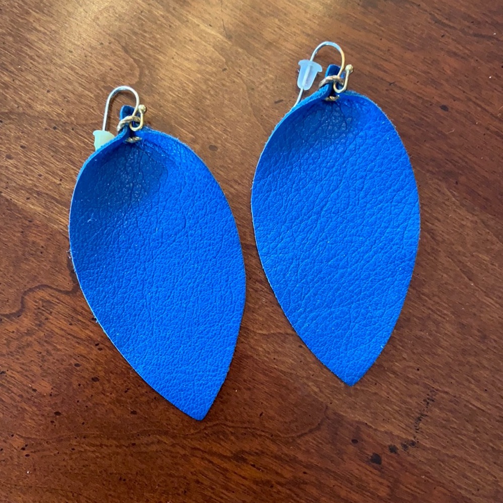 Blue leather feather earrings
